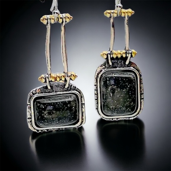 Black Gemstone Two Tone Metal, Hinged Dangle Earrings - Picture 3 of 4
